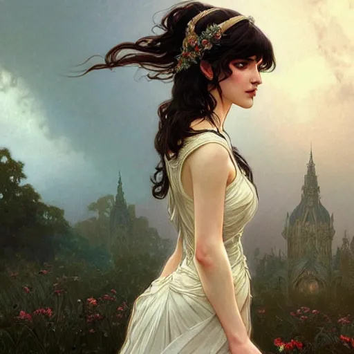 Image similar to a beautiful girl with dark hair and bangs, wearing a wedding dress, royal gardens background, fantasy, intricate, elegant, highly detailed, digital painting, artstation, concept art, matte, sharp focus, illustration, art by Artgerm and Greg Rutkowski and Alphonse Mucha