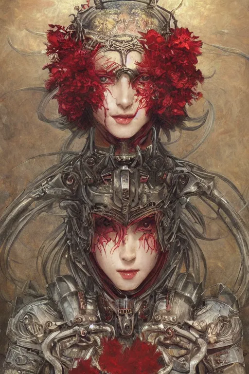 Image similar to portrait of beautiful young mainem, warhammer, japan style, cyberpunk armor, a lot of scars, more and more flowers, red head, the middle ages, highly detailed, artstation, illustration, art by jean delville, 8 k quality