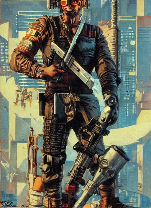 Image similar to cyberpunk mercenary. portrait by john philip falter and will eisner and gil elvgren