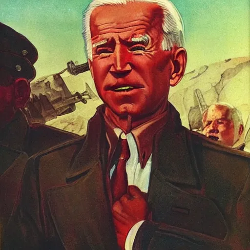 Prompt: soviet propaganda of communist peasant joe biden by j. c. leyendecker, bosch, and beksinski