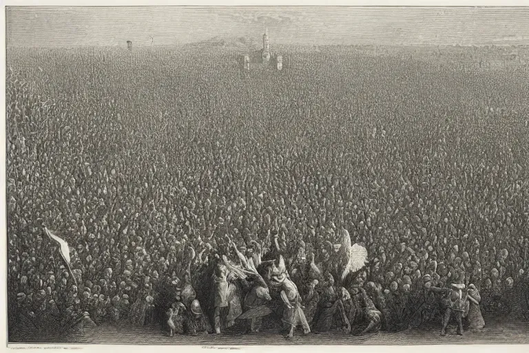 Image similar to aerial view, crowd of people looking up, Gustave Dore lithography