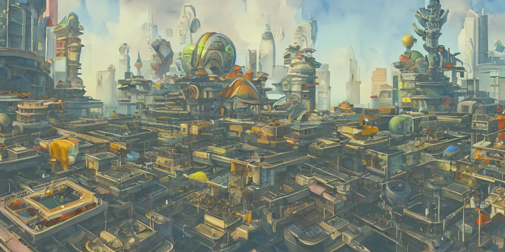 Image similar to overwatch building, stylized, exterior, architecture, in watercolor gouache detailed paintings, insanely detail, artstation, 8 k, futuristic, big medium small, arcane, simon stalenhag, food stall, interesting shapes & form, golden ratio, hard surface, props, lots of decoration, megastructures, floating city, tree and plants, solarpunk, japanese downtown