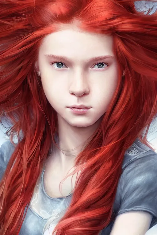 Image similar to ultra realistic style illustration of a beautiful cute red haired joyful and playful 1 9 year old teen girl ninja, full portrait, long hair, sci - fi, fantasy, intricate, elegant, digital painting, artstation, concept art, smooth, sharp focus, 8 k frostbite 3 engine, ultra detailed, art by artgerm and greg rutkowski and magali villeneuve