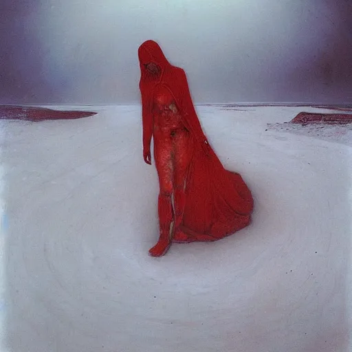 Image similar to a surrealist painting of a lonely woman with white skin and red hair, standing over pile of bodies in post apocalyptic snowy landscape, painted by beksinski