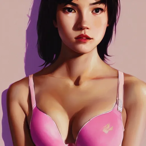 Prompt: portrait of cassandra cain wearing pink bra, attractive, casual, modern, victoria's secret, highly detailed, digital painting, artstation, concept art, smooth, sharp focus, illustration, art by artgerm, greg rutkowski and alphonse mucha