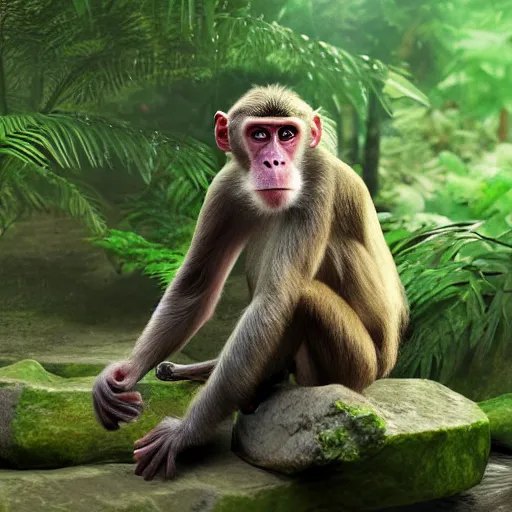 Image similar to photo of a monkey in jungle, photorealistic, 5 0 mm, great lighting, artstation