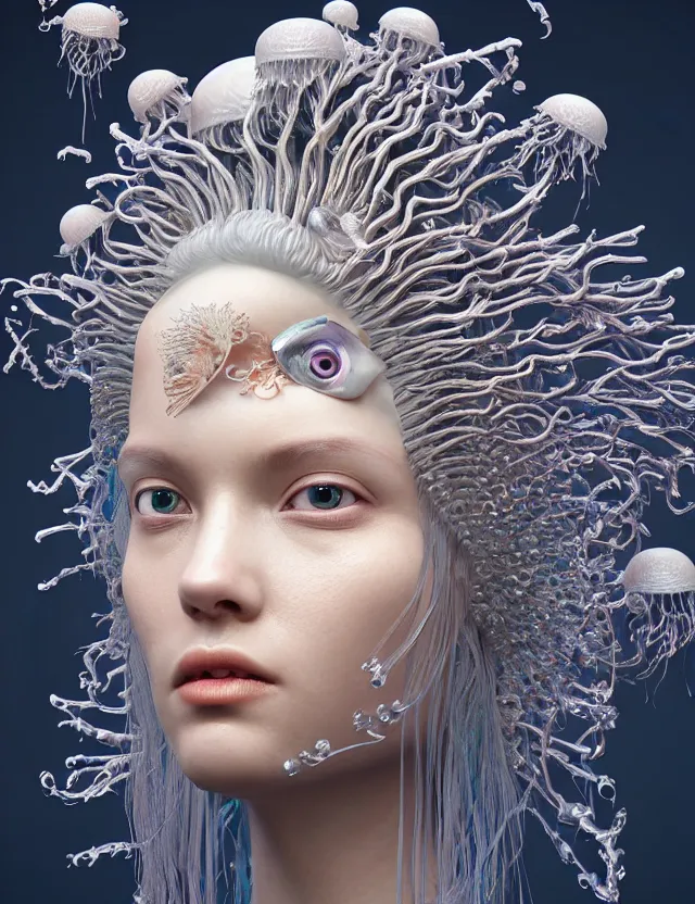 Image similar to 3 d goddess macro close - up portrait wigh crown made of ram skull. betta fish, jellyfish phoenix, bioluminiscent, plasma, ice, water, wind, creature, super intricate ornaments artwork by tooth wu and wlop and beeple and greg rutkowski