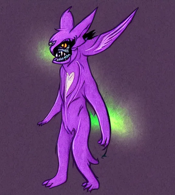 Image similar to ( with a glowing rainbow tail ) a purple wolfbat fursona ( from the furry fandom ) wearing an eyepatch, he is travelling through a shadowy city, an affable devil among demons, neo - noir tone of max payne, style of purple rain album cover ( by prince ), dark colors