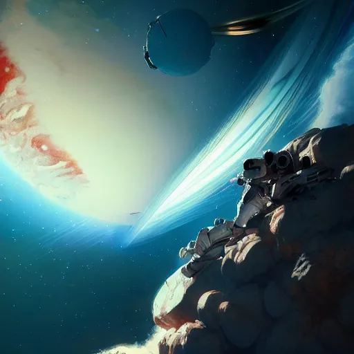 Image similar to burning astronaut falling through the majestic clouds of jupiter, by cedric peyravernay and feng zhu, highly detailed, excellent composition, cinematic concept art, dramatic lighting, trending on artstation