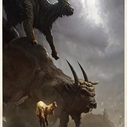 Image similar to minotaurus, high detail, dramatic light, digital art, painted by greg rutkowski, painted by seb mckinnon, trending on artstation