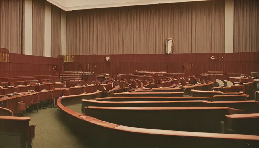 Prompt: 60s movie still of a sovietic stalinist style empty parlement, cinestill 800t 50mm eastmancolor, liminal Space style, heavy grain-s 150