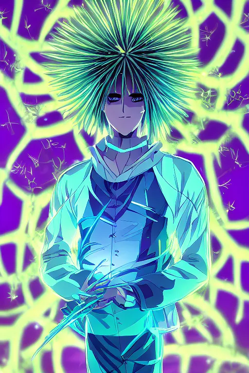 Prompt: cyan glowing luminescent dandelion male anime character, symmetrical, highly detailed, digital art, sharp focus, trending on art station, purple eyes, beautiful colours