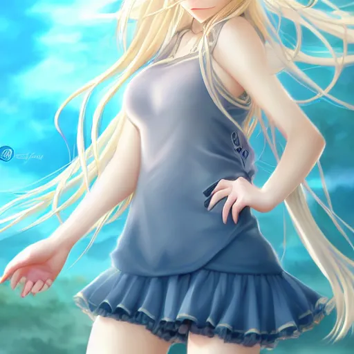 Image similar to a very beautiful anime cute girl, full body, long wavy blond hair, sky blue eyes, full round face, short smile, fancy top, miniskirt, front view, medium shot, mid-shot, highly detailed, cinematic wallpaper by Stanley Artgerm Lau