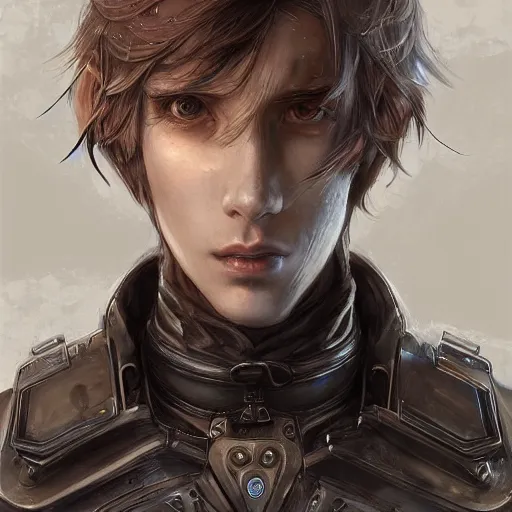 Image similar to portrait of an elf by ayami kojima, he is about 2 0 years old, russian, manly, short brown hair, slender and tall, friendly and smart, he is wearing a modern tactical gear, scifi, highly detailed portrait, digital painting, artstation, concept art, smooth, sharp foccus ilustration, artstation hq