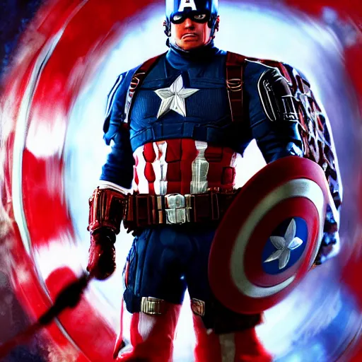 Image similar to portrait of donald trump as captain america in gears of war, splash art, maga, patriot, movie still, cinematic lighting, dramatic, glowing, ray tracing, octane render, long lens, shallow depth of field, bokeh, anamorphic lens flare, 8 k, hyper detailed, 3 5 mm film grain