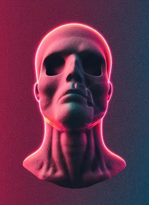 Image similar to statue of hercules, half his face as a skull, beeple, vaporwave, retrowave, tonal separation, black background, glitch, pixel sorting, strong contrast, pinterest, trending on artstation