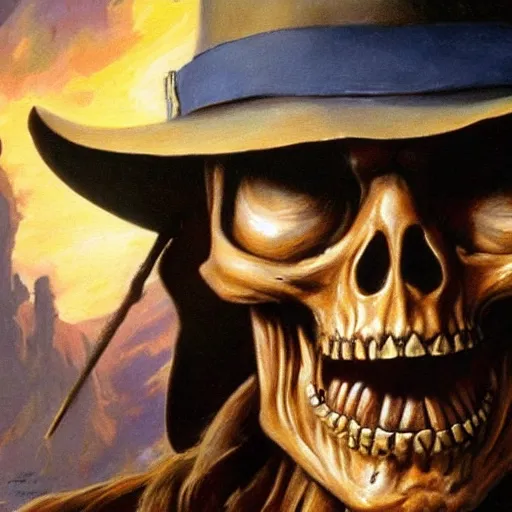 Prompt: ultra realistic portrait painting of skeletor as indiana jones, art by frank frazetta, 4 k, ultra realistic, highly detailed, epic lighting