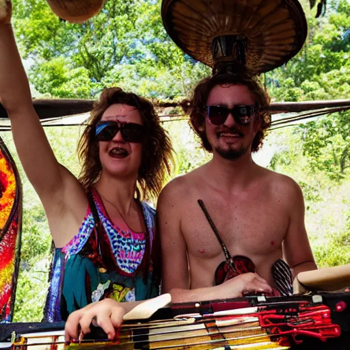 Prompt: scandy and arender, cooking it up, hot hot hot, splash, ahhhhhhh, roomies, bohemian digitals, playing a live gig at ozora festival, huge crowd, ecstatic, photography