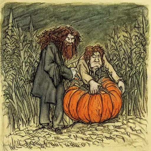 Prompt: a color illustration of hagrid and harry in a pumpkin patch by arthur rackham