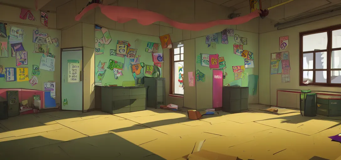 Prompt: Look of Danganronpa school interior, colorful hallway, cartoon moody scene, made in blender, 8k, many details reminiscent of school and despair