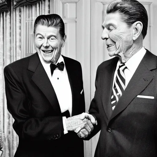 Prompt: cinematic shot of an anthropomorphic frog and ronald reagan shaking hands with each other, 8k, very detailed, very intricate,