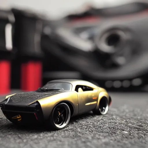 Image similar to 3 5 mm photo of metallic black batman car like hot wheels model with a batcave as background