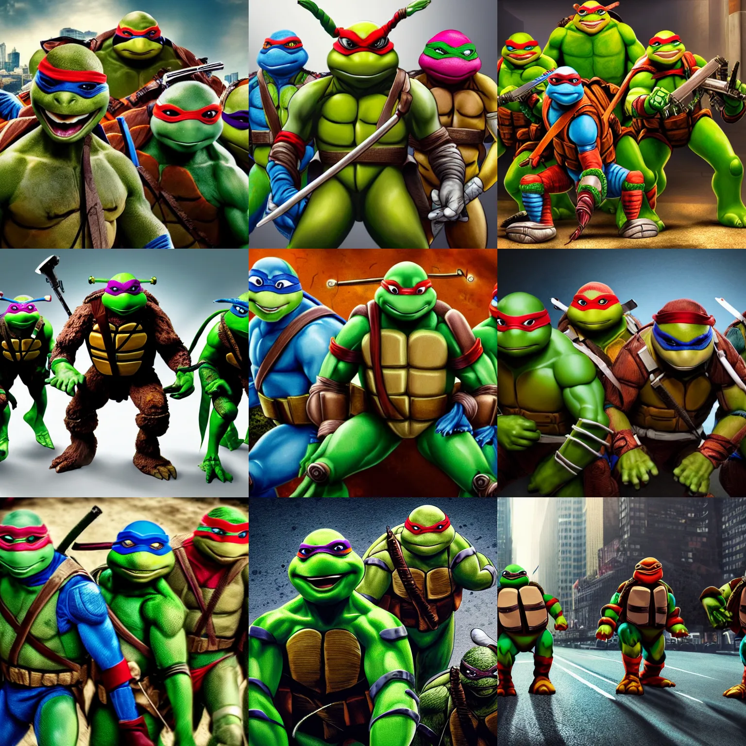 Prompt: teenage mutant ninja turtles, as robots, realistic, full color, detailed, cinematic, depth of field, wide lens