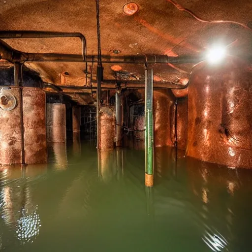 Image similar to underground copper mine, flooded, dirty water, rusty pipes