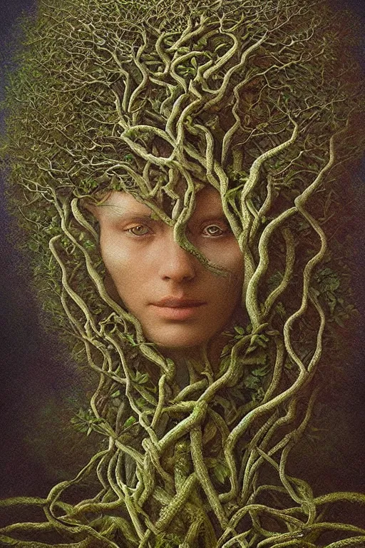 Prompt: Intricate stunning highly detailed portrait of mother earth, 🌱, by agostino arrivabene and Vladimir Kush, surreal, digital painting, ultra realistic, dramatic lighting, twisted vines, lush plants, pristine water, artstation