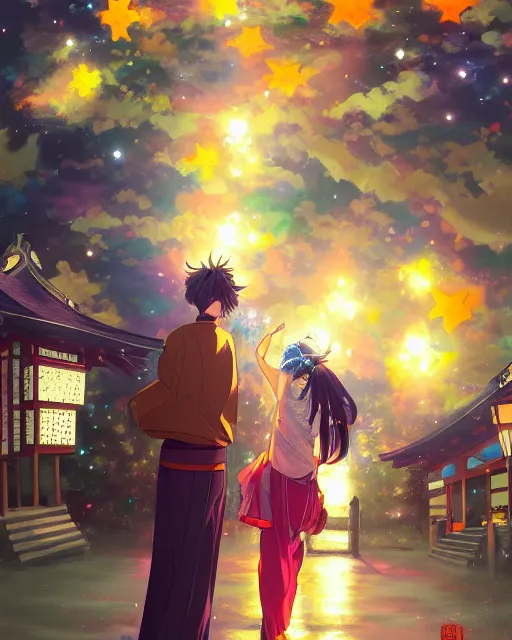 Prompt: beautiful anime painting of a boy and a brunette girl from behind at a shinto shrine looking up at the night sky illuminated by colorful new years fireworks, by WLOP and Slawek Fedorczuk and rossdraws, trending on artstation, concept art