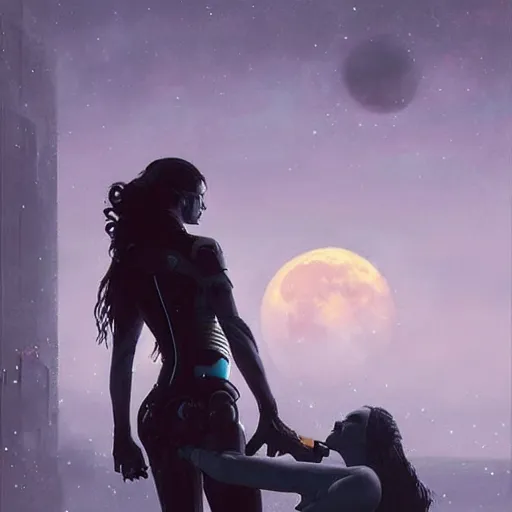 Prompt: A female cyborg kissing their lover, silhouetted by a gigantic Moon, fantasy art by Greg Rutkowski