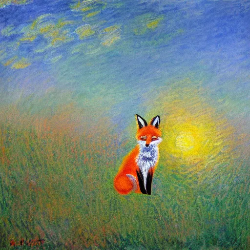 Image similar to a painting of a fox sitting in a field at sunrise in the style of claude monet