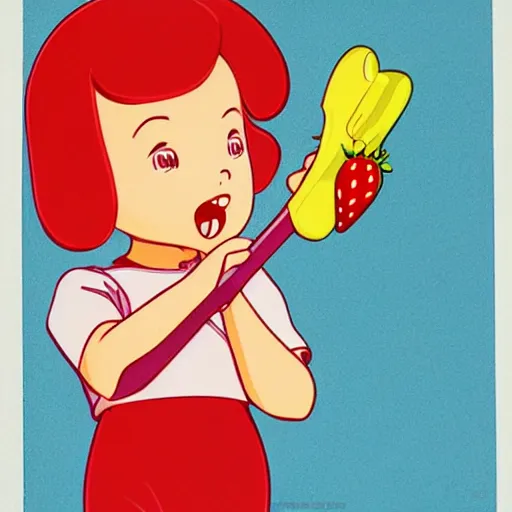 Prompt: a very cute, adorable strawberry character with only two front teeth, holding a yellow toothbrush, in the style of hiroshi nagai