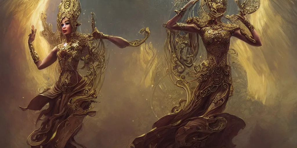 Prompt: playing card of ascending full body goddess , intricate armor, highly detailed, glowing, action pose, cinematic, Art Deco, gold filigree, ethereal, artgerm, alfonso mucha, zdzisław beksiński, Andrei ryabovichev, Peter mohrbacher, 8k