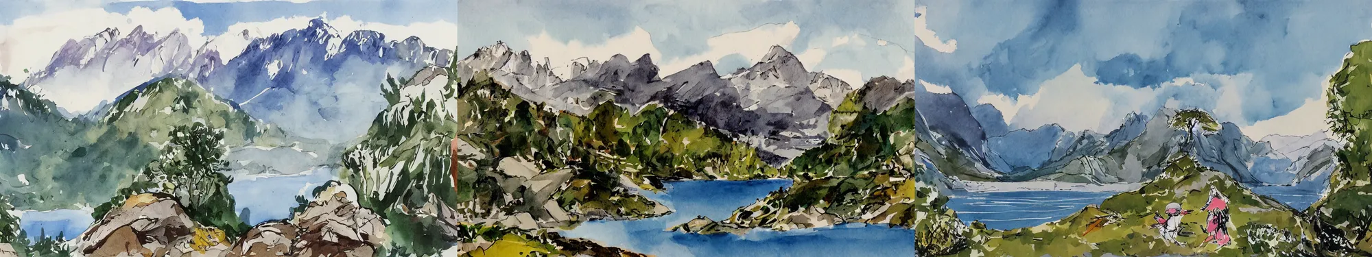 Prompt: lakeside mountains, by quentin blake