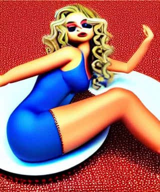 Image similar to blonde women in blue tight short dress sitting on big cake, photorealistic image