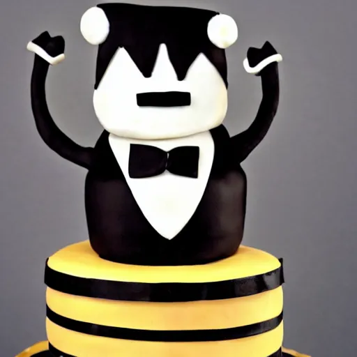 Image similar to anthropomorphic cake wearing a tuxedo, holding his hand out, facing viewer