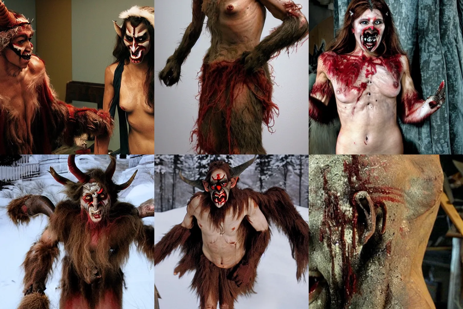 Prompt: too realistic film prop of the scarred upper body of a half Krampus half Greek woman, 2008 cinematography