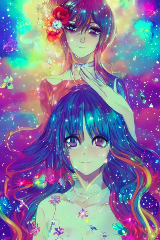 Prompt: psychedelic, whimsical, anime, 4k, beautiful intimate woman with professional makeup, long trippy hair, a crystal and flower dress, bathing in a reflective crystal lake, underneath the stars, rainbow fireflies, trending on patreon, deviantart, twitter, artstation, volumetric lighting, heavy contrast, art style of Ross Tran and Ilya Kuvshinov