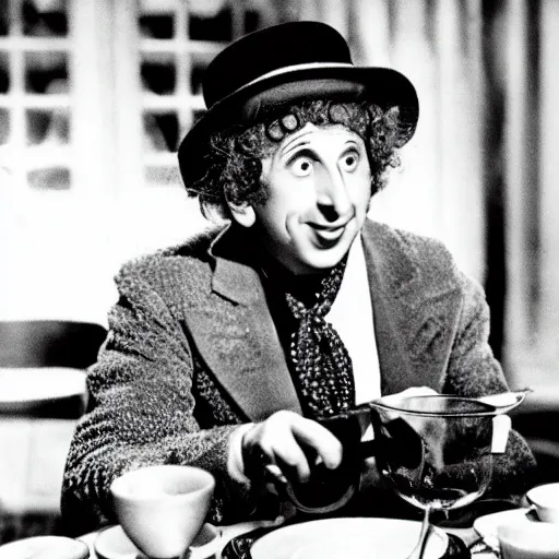 Prompt: harpo marx dines alone at a fancy restaurant