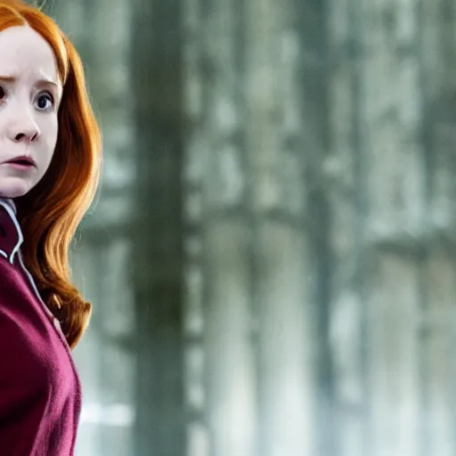 Prompt: A still of Karen Gillian starring as Hermione Granger in her Gryffindor uniform