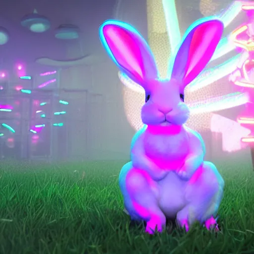 Image similar to neon fluorescent, iridescent cute bunny rabbits with fairy wings cyperpunk 2 0 7 7, unreal engine 5, 8 k ultra realistic, hyperdetailed, volumetric lighting, extremely high quality