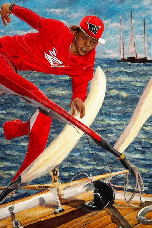 Prompt: patrick mahomes brandishing a whaling harpoon, the harpoon is sharp, he's on an old sailing boat, oil painting, coherent, highly realistic, anime style