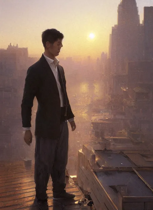 Prompt: A digital painting of a portrait of Donnovan Mitchell alone on a rooftop during Golden Hour. masterpiece 4k digital illustration by Ruan Jia and Mandy Jurgens and Artgerm and greg rutkowski and Alexander Tsaruk and WLOP and william-adolphe bouguereau, marvel comics, dark, intricate, highly detailed, smooth, artstation, digital illustration by Ruan Jia and Mandy Jurgens and Artgerm and Wayne Barlowe and Greg Rutkowski and Frank Frazetta , award winning, Artstation, art nouveau aesthetic, Alphonse Mucha background, intricate details, realistic, panoramic view, Hyperdetailed, 8k resolution, intricate art nouveau