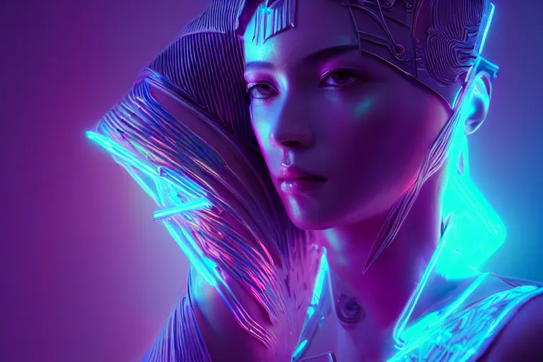 Image similar to photo of goddes (of war) in (((neon lighting)) DISPACEMENTS Displacements, elegant, highly detailed, smooth, sharp focus, illustration, beautiful, geometric, trending on artstation, cinematic, artwork by WLOP