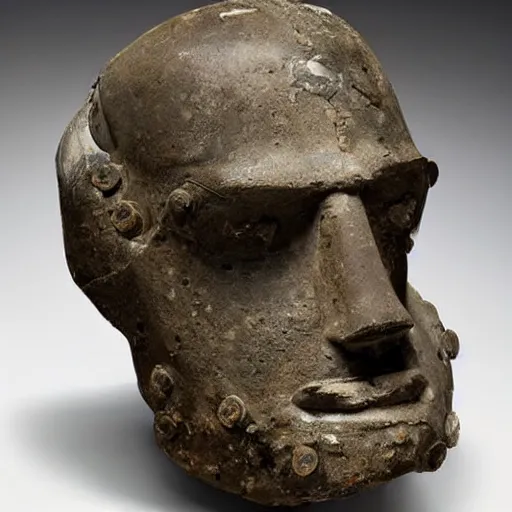 Image similar to an extremely ancient ironman bust that is tarnished and covered in sediment from uncovered earth expedition, rare photograph, smithsonian,