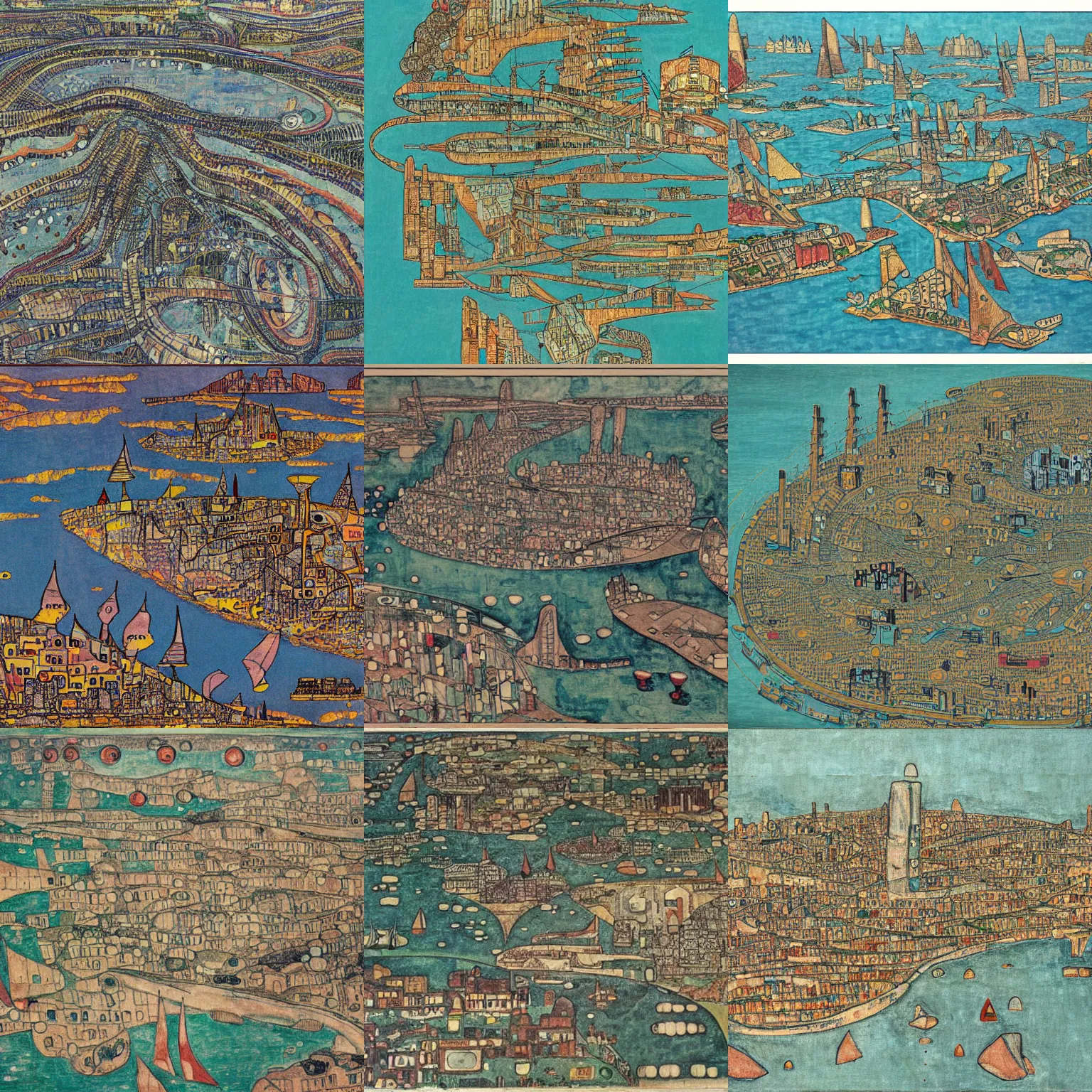 Prompt: a detailed map of a futuristic dystopian city located in an island surrounded by water with a few flying ships sailing around it, in the style of egon schiele landscapes, full color