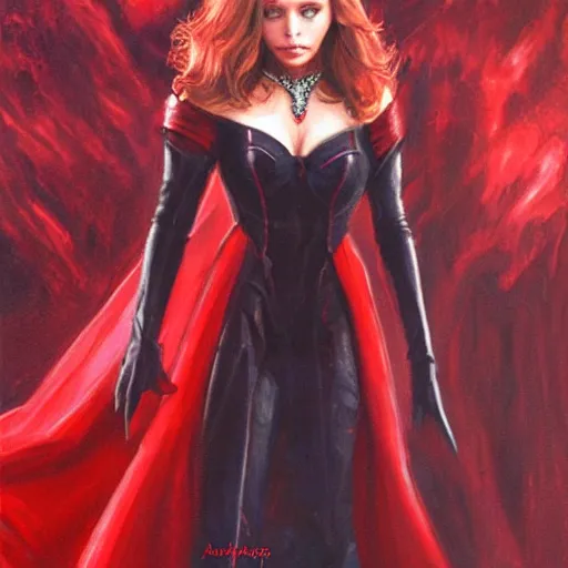 Prompt: elizabeth olsen as scarlet witch in a red dress, concept art by anne stokes, polycount contest winner, fantasy art, wiccan, concept art, tarot card
