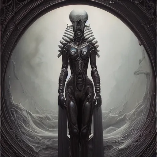 Image similar to by Tom Bagshaw, ultra realist soft painting of giger universe of curiosities, single female Xeno mutation in gothic armor, partial symmetry accurate features, very intricate details, focus, curvy, award winning, ultra dense fog