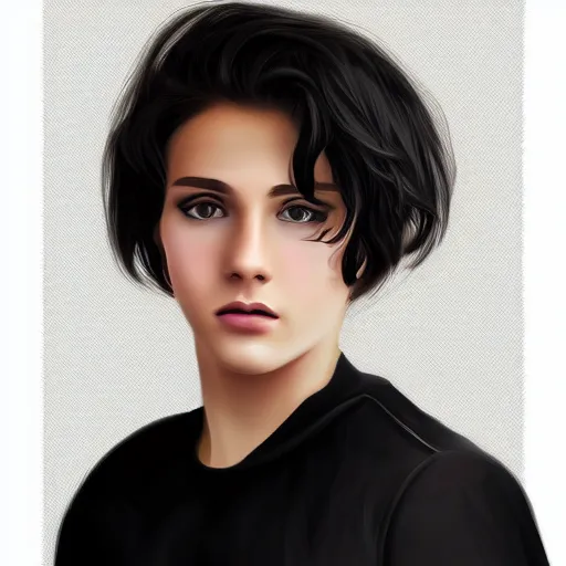 Prompt: a digital portrait of a 17 year old with black hair,hazel green eyes, drawn in the style of mark Arian
